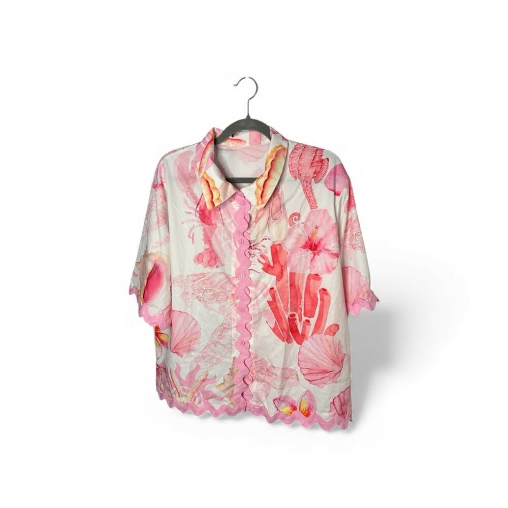 Unbranded Pink White Printed Short Sleeve Top Scalloped Trim Medium